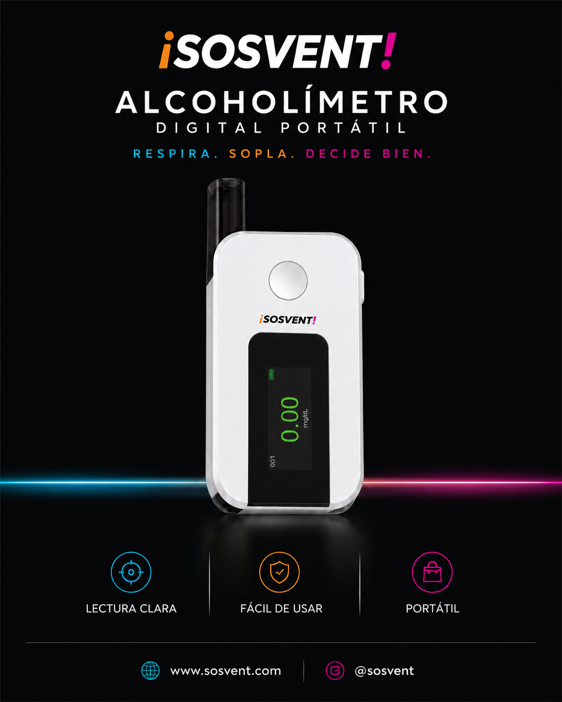 Packaging del alcoholímetro digital portátil SOSVENT con sus características
