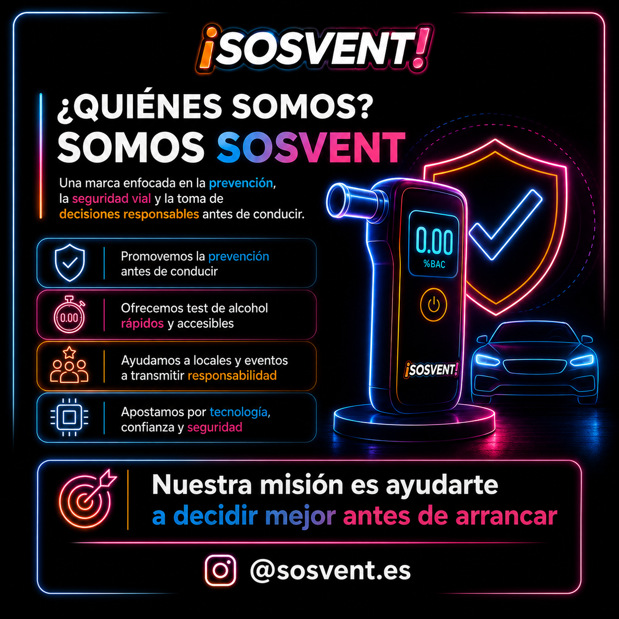 Infografía SOSVENT sobre quiénes somos: marca centrada en la prevención y la tecnología de seguridad vial