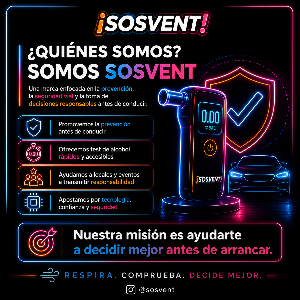 Infografía SOSVENT sobre quiénes somos: marca centrada en la prevención y la tecnología de seguridad vial